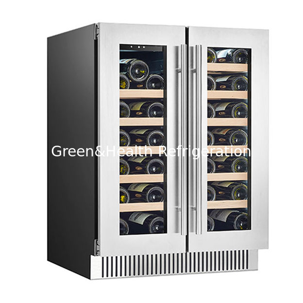 Πιστοποιητικό ETL 68 Μπουκάλια Δύο γυάλινες πόρτες Δύο ανεξάρτητες ζώνες θερμοκρασίας ράφια βελανιδίου ξύλου Αποθήκευση κόκκινου κρασιού ψυγείο