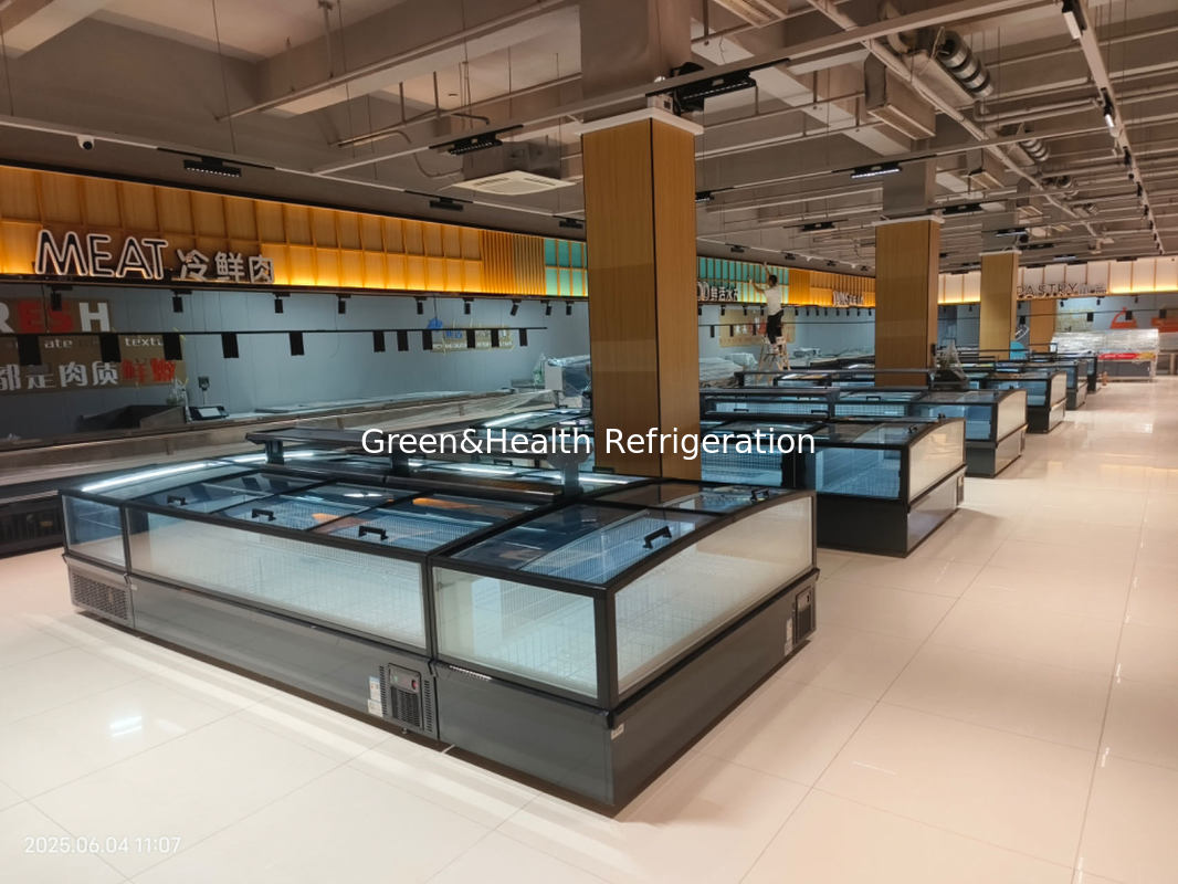 Στρίβουσα Πανοραμική Πύλη από Γυαλί Σούπερ μάρκετ νησιωτικό ψυγείο Μεγάλης χωρητικότητας ψυγείο θώρακα για εμφάνιση κατεψυγμένων τροφίμων
