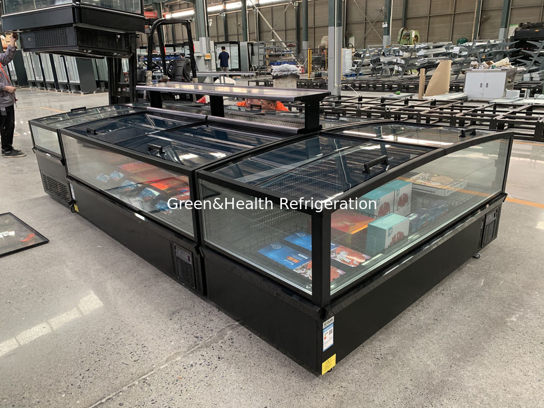 Στρίβουσα Πανοραμική Πύλη από Γυαλί Σούπερ μάρκετ νησιωτικό ψυγείο Μεγάλης χωρητικότητας ψυγείο θώρακα για εμφάνιση κατεψυγμένων τροφίμων