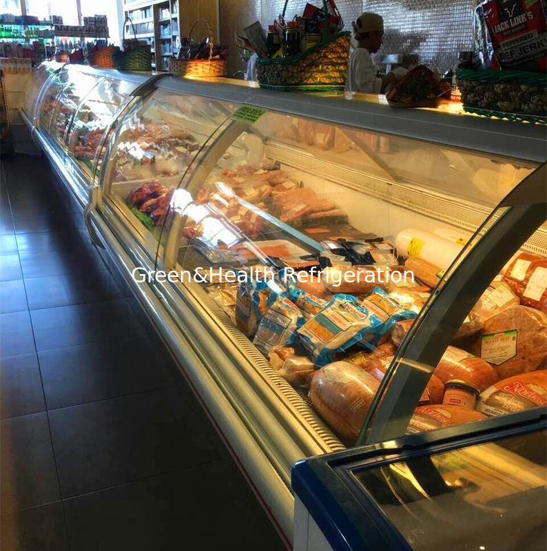 Επαγγελματικό ντουλάπι κρεάτων με καμπύλο γυαλί από ανοξείδωτο εσωτερικό και σύστημα ψύξης με ανεμιστήρα