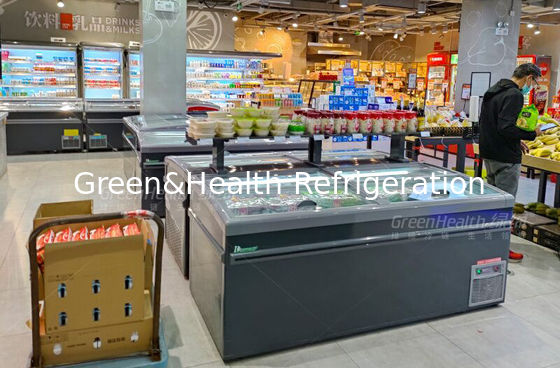 Θωρακικών βαθύ νησιών ψυκτήρων βούλωμα πορτών γυαλιού προθηκών εμπορικό γλιστρημένο κορυφή μέσα