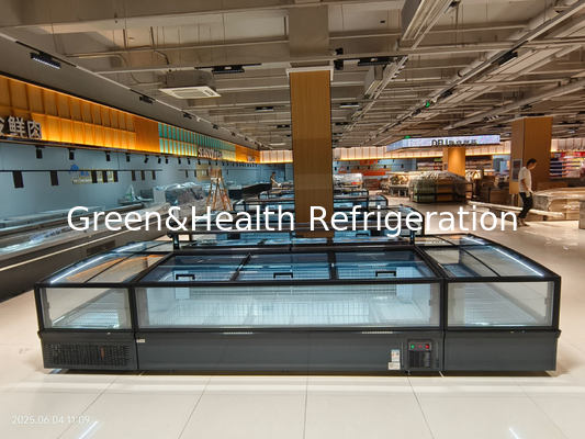 Ψυγείο-βιτρίνα νησίδας σούπερ μάρκετ Πανοραμικό ψυγείο-βιτρίνα με γυάλινη πρόσοψη Νησίδα με αυτόματη απόψυξη και φωτισμό LED