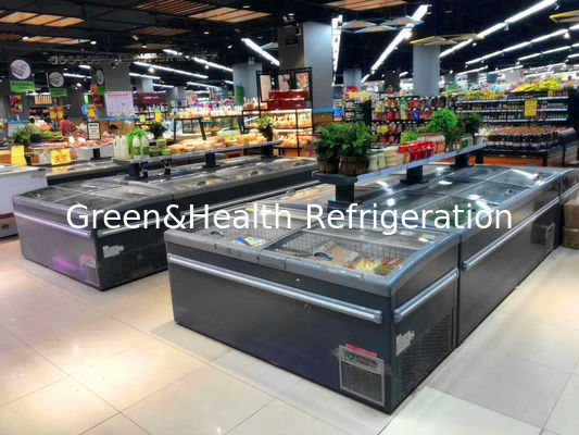 Κρέας υπεραγορών & ψυκτήρας επίδειξης νησιών ψαριών με το γλιστρώντας καπάκι